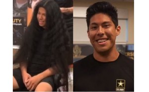Recruit gets a short haircut for the first time in 15 years to join the Army