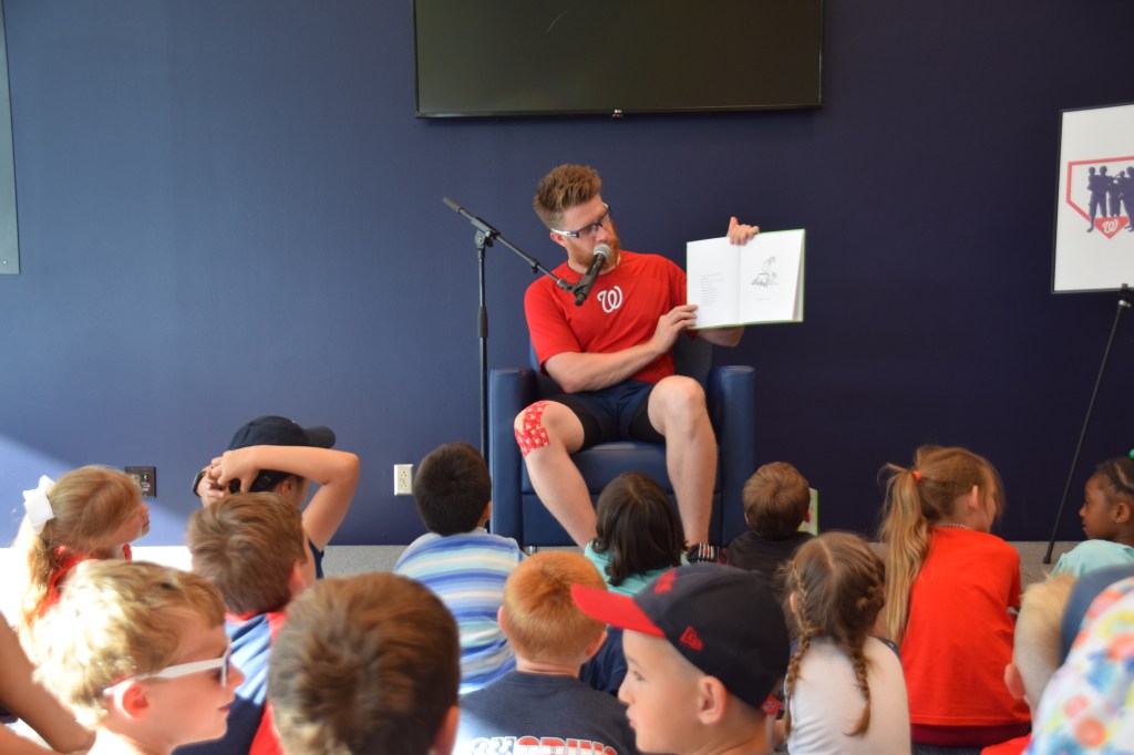 Washington Nationals Major League Baseball player Sean Doolittle reads to military children