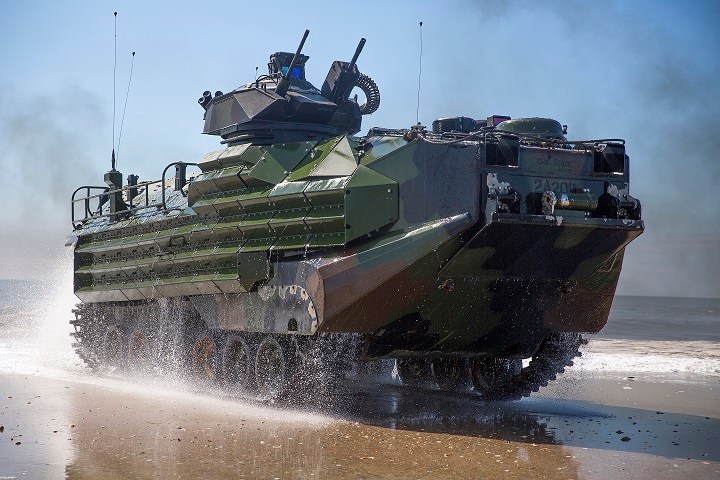 A remotely operated unmanned Marine Corps AAV is taking California beaches
