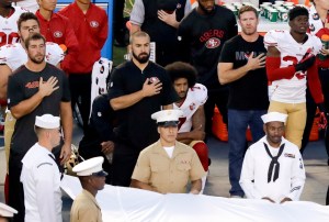 Former Green Beret Nate Boyer joins Colin Kaepernick on sideline for national anthem