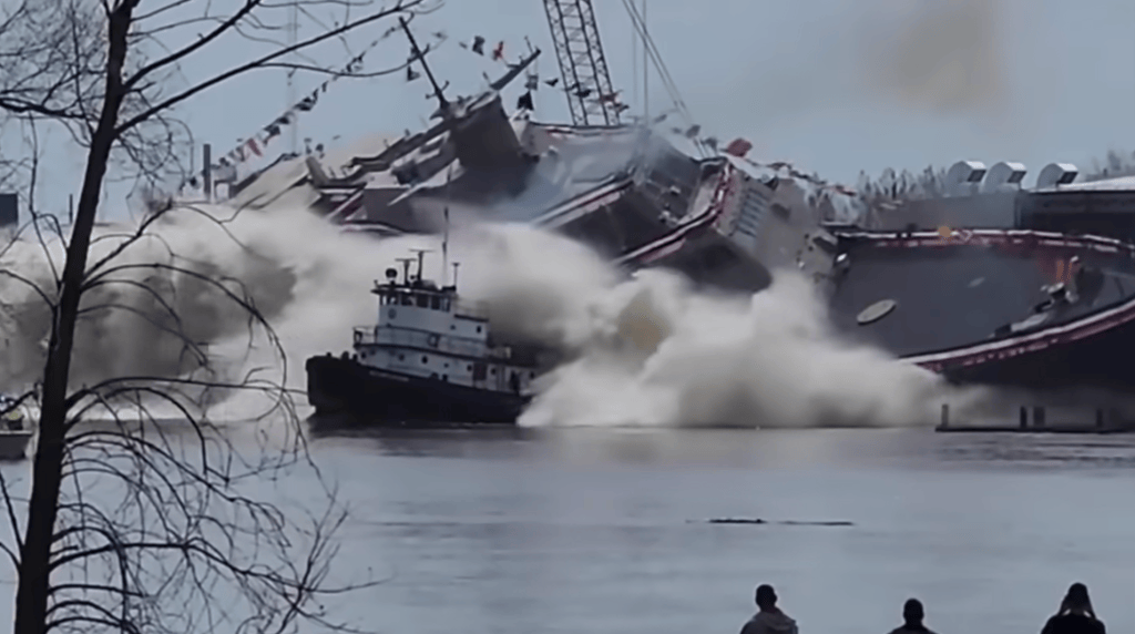 Future LCS Cleveland launches, strikes tugboat